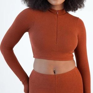 Klassy Network Brami Half Zipper Burnt Spice Long Sleeve Ribbed Crop Top